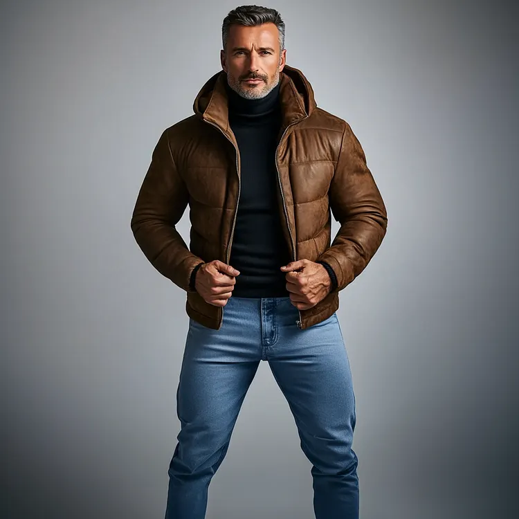 Mens Casual PU Leather Zipper Hooded Cotton-Padded Jacket-INSPIREUSE