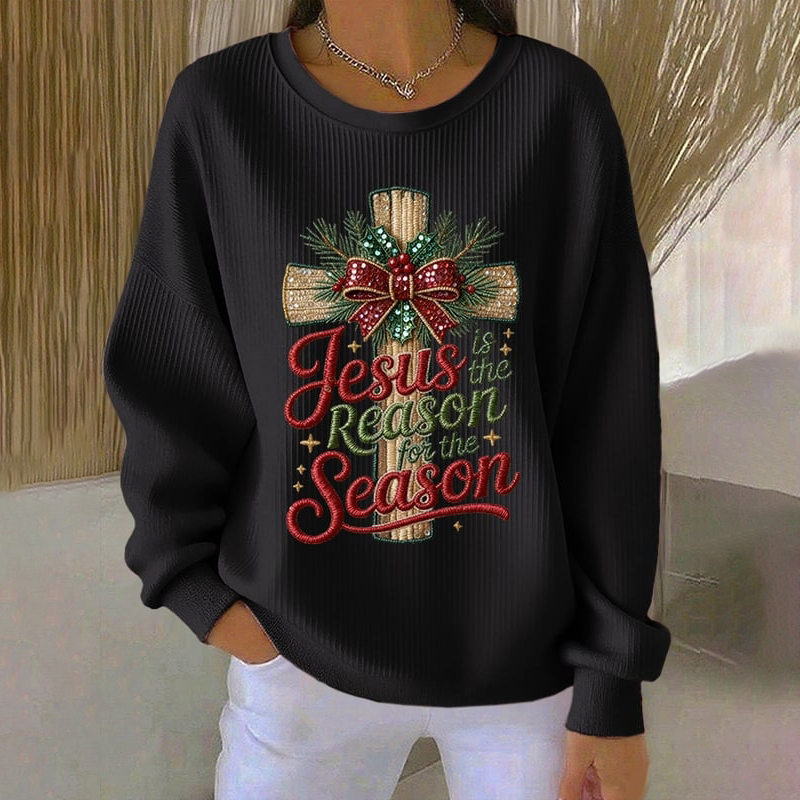 Women's Christmas Cross Print Crew Neck Long Sleeve Sweatshirt wearshes