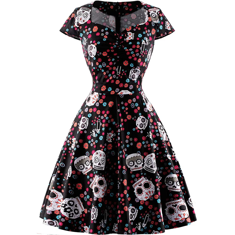 Jangj Hepburn Pin Up Rockabilly Vestidos Vintage Gothic Party Dresses Skull Print Swing 50s 60s Dress Women Emo Alt Halloween Clothes