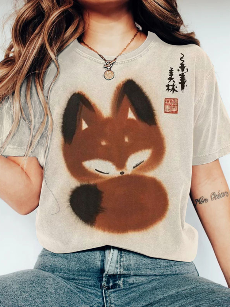 Comstylish Vintage Farm Sleepy Fox Round Neck Casual T Shirt