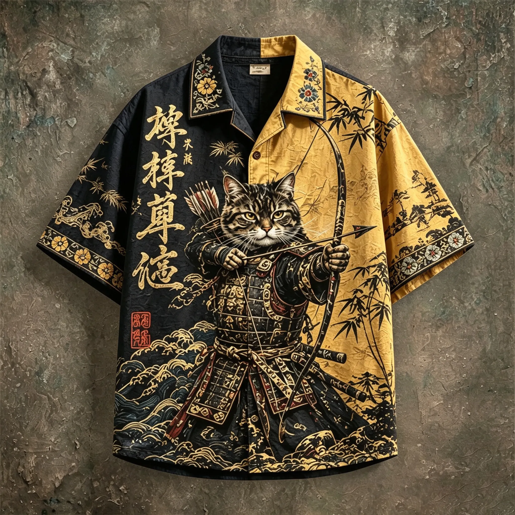 Men's Japanese Art Retro Color Block Samurai Cat Bamboo Short-sleeve Cotton Linen Shirt  artssus