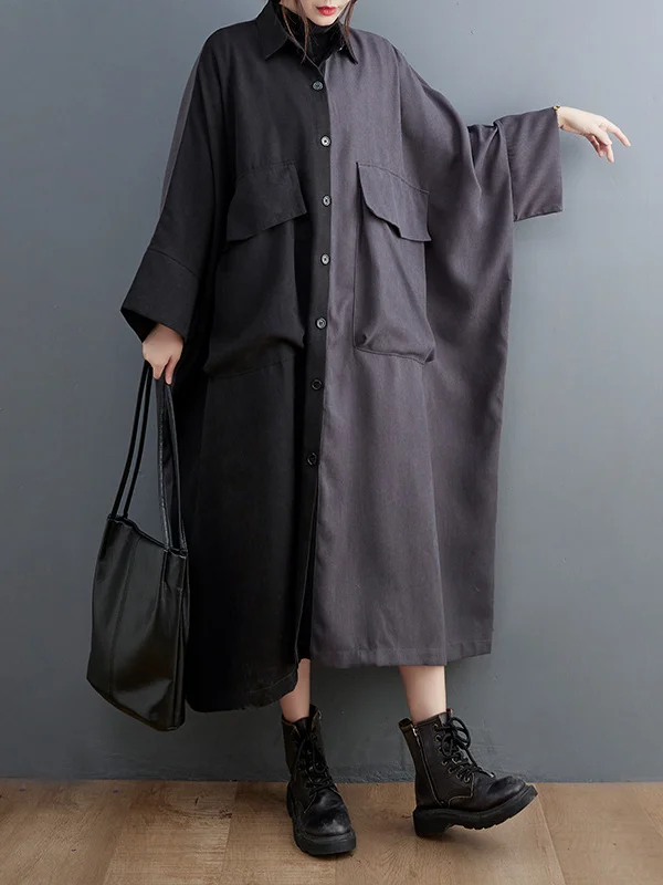 Casual Long Sleeves Loose Buttoned Contrast Color Split-Joint Lapel Collar Midi Dresses