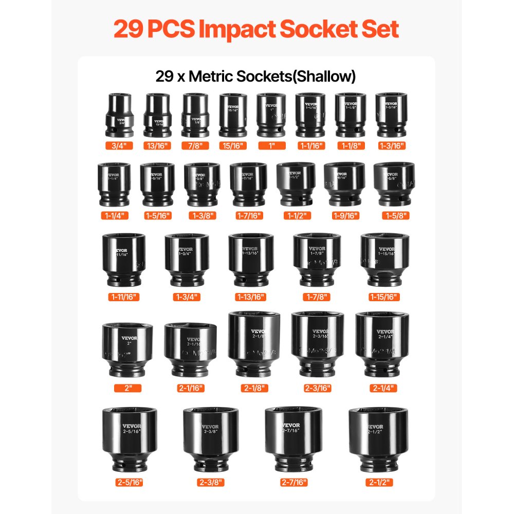 VEVOR Impact Socket Set 3/4 Inches 29 Piece Impact Sockets. 6-Point Sockets. Rugged Construction. CR-M0. 3/4 Inches Drive Socket Set Impact SAE 3/4 inch - 2-1/2 inch. with a Storage Cage