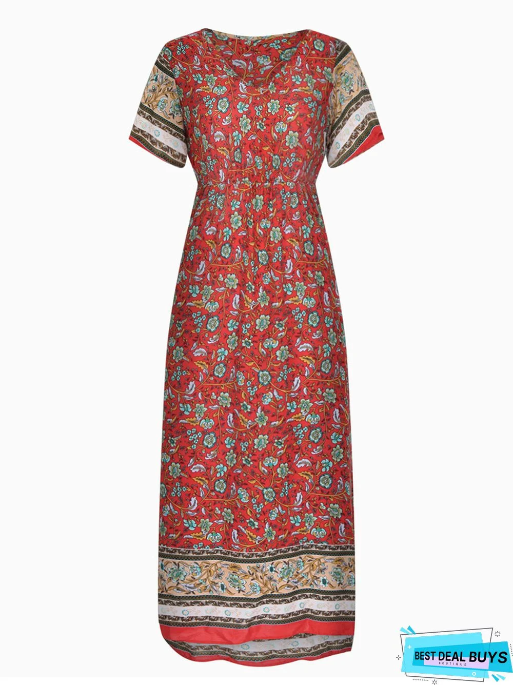 Bohemian Print V-neck Waist Dress Resort Beach Dress