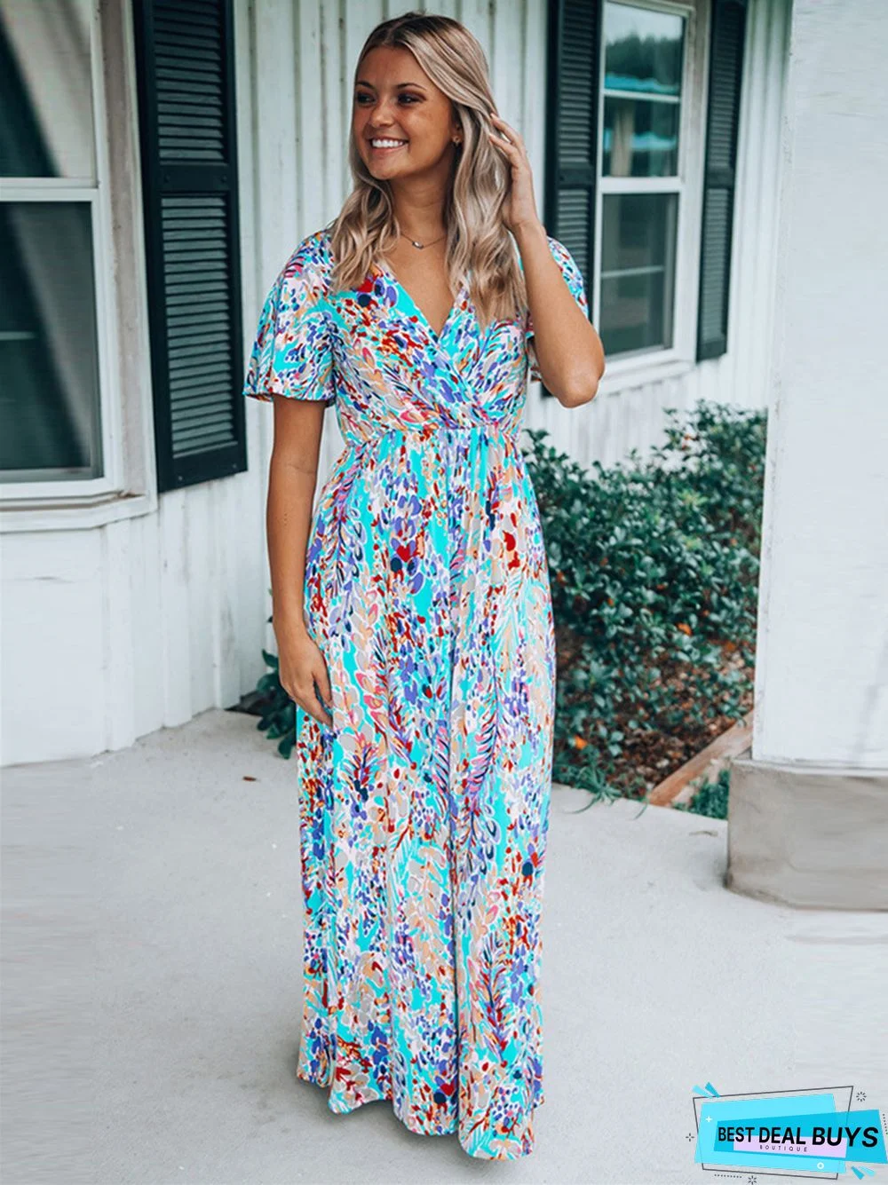 Short Sleeve V-neck Pullover Floral Skirt Lady Loose Casual Dress Full Skirt