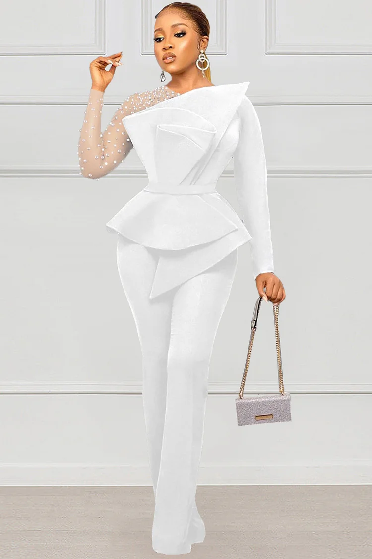 Mesh Patchwork Pearls Long Sleeve Asymmetric Trim Straight Leg Evening White Jumpsuit