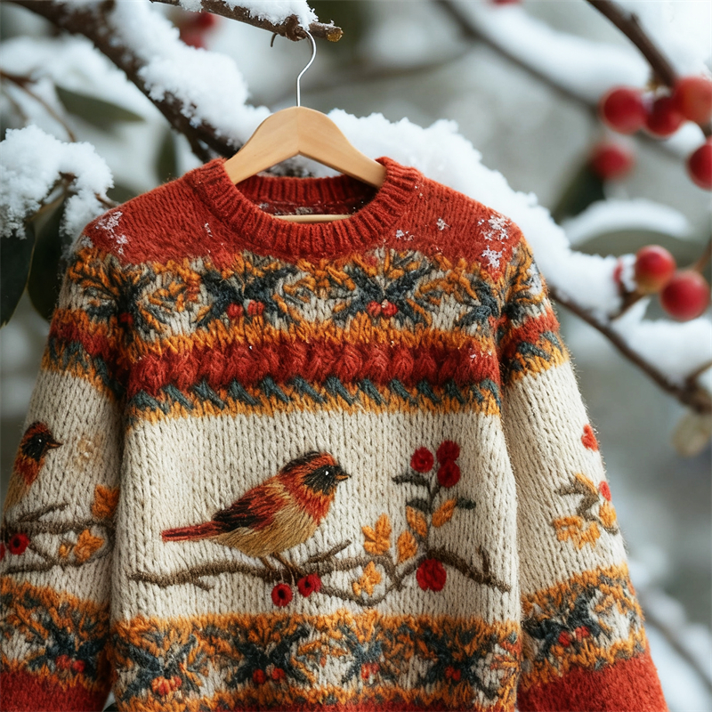 Bird & Berries Floral Contrast Cozy Knit Isle Sweater elevenforest