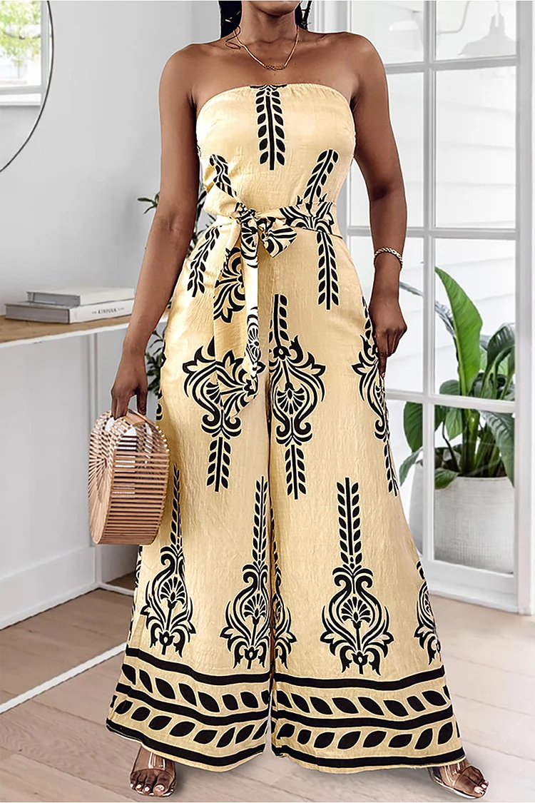 Tribal Print Boat Neck Tie Belt Wide Leg Backless Strapless Jumpsuit-Beige