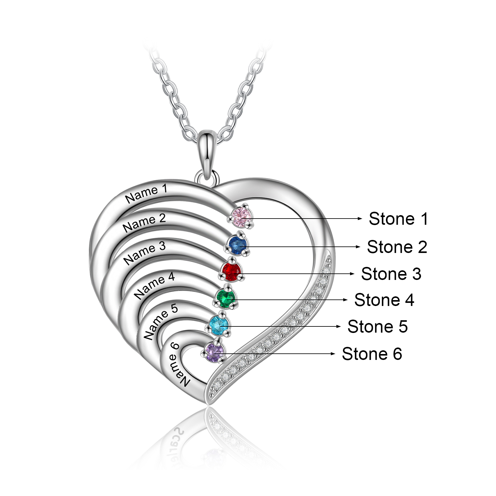 Argento S925 Collana con 6 nomi personalizzati e 6 pietre di nascita in ciondolo a cuore con scatola rosa