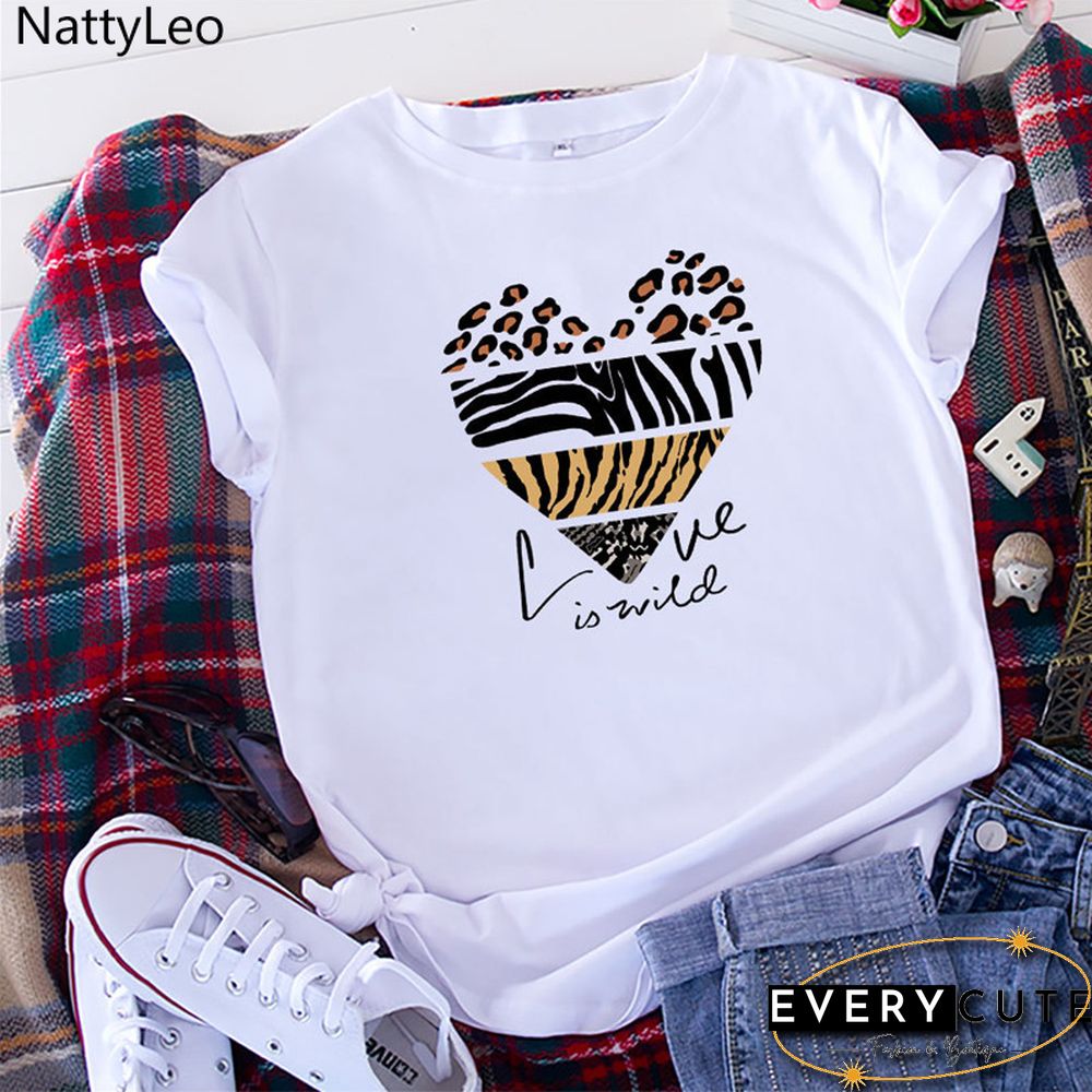 White Woman Tshirts Summer TShirt Fashion Heart Leopard Print Shirt 100%Cotton Tops O Neck Short Sleeve Tees Women Graphic Tee