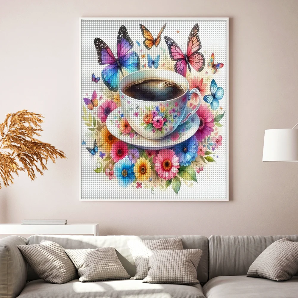 11CT Full Stamped Cross Stitch - Flower Butterfly Coffee(Canvas|40*50CM)