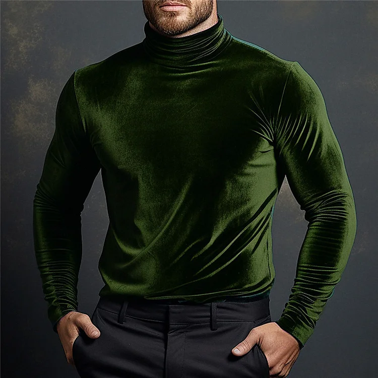Men's Daily Casual Solid Velvet High-Neck Long Sleeve T-shirt