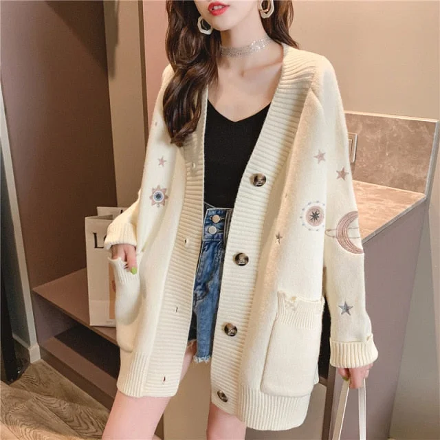 V-Neck Stars Moon Long Sweater Pink/Blue/White Cardigan SP16824