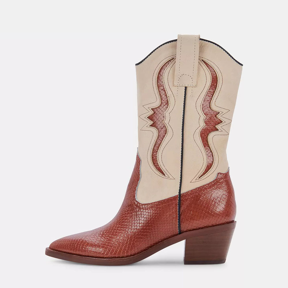 Brown & Ivory Contrast Pointed Toe Python Chunky Heel Cowgirl Boots