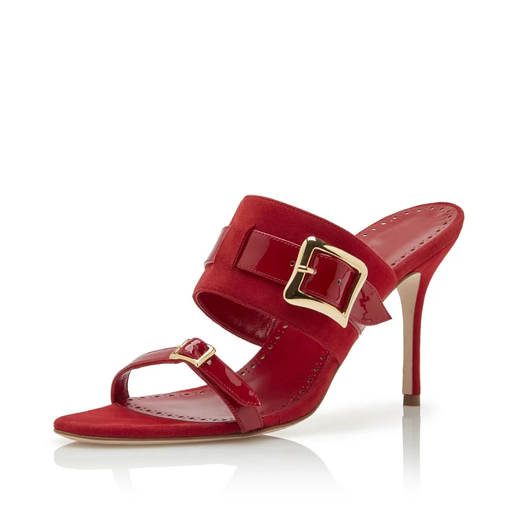 Red Vegan Suede and Patent Leather Buckle Mule Heels Sandals |FSJ Shoes