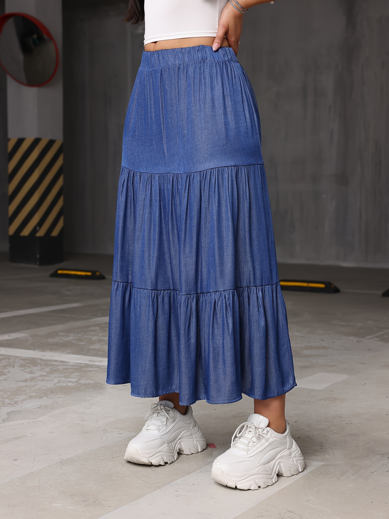 Lightweight Faux Denim Womens Skirt Casual Layered Tiered Design High-Waisted Wide-Leg | IFYHOME