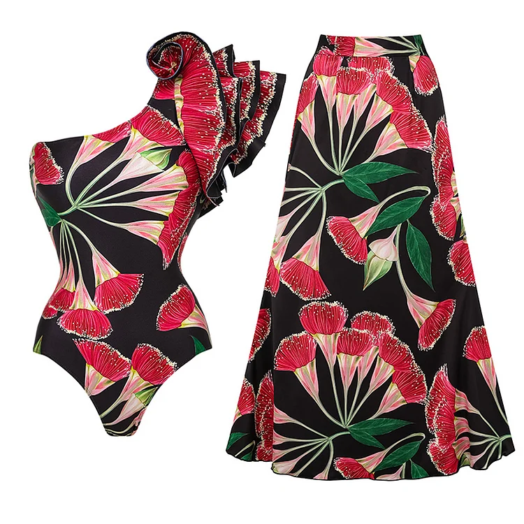 One Shoulder Ruffle Eucalyptus Flower Print One Piece Swimsuit and Skirt Flaxmaker