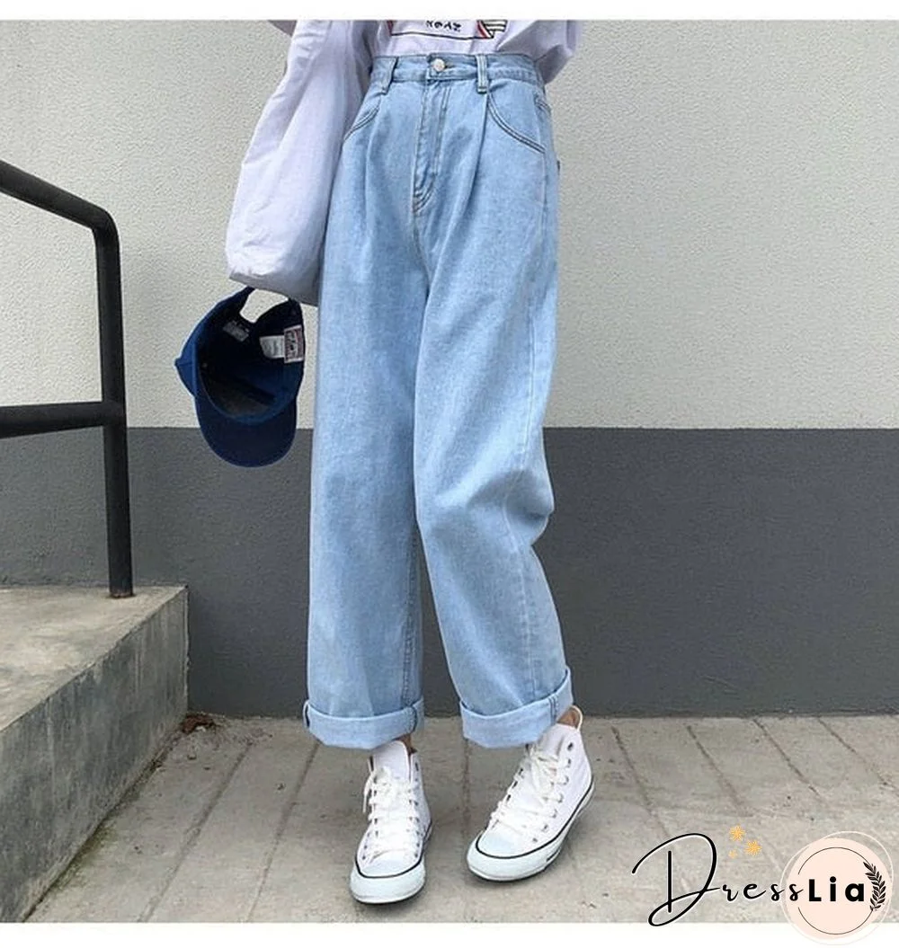 Jeans Women Solid Vintage High Waist Wide Leg Denim Trousers Simple Students All-match Loose Fashion Harajuku Womens Chic Casual