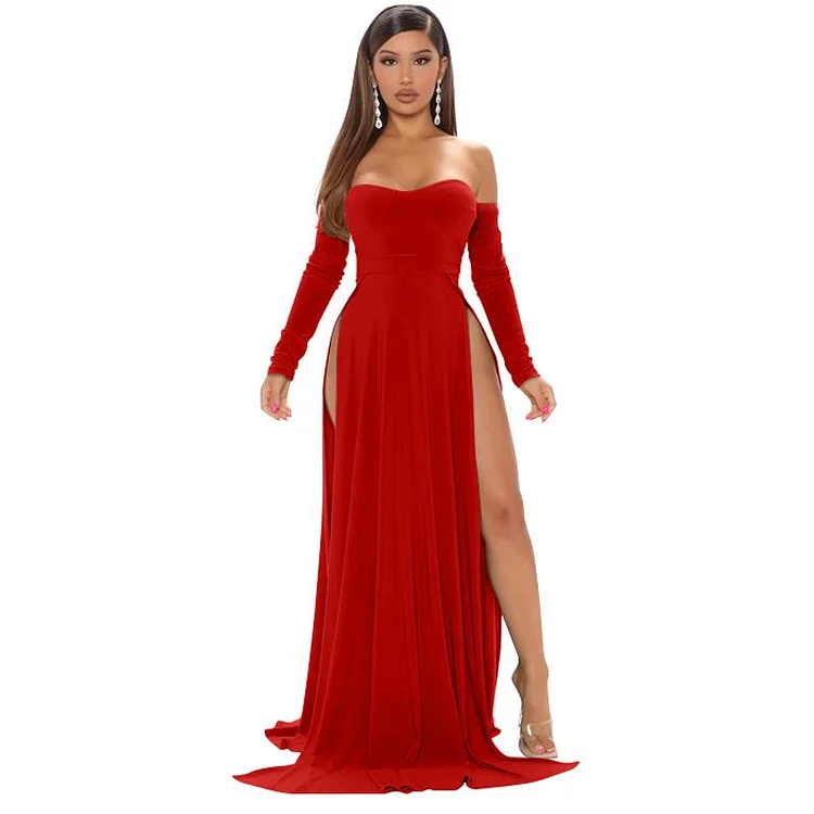 Promsstyle Sexy off-shoulder slit black long evening dress Prom Dress 2023