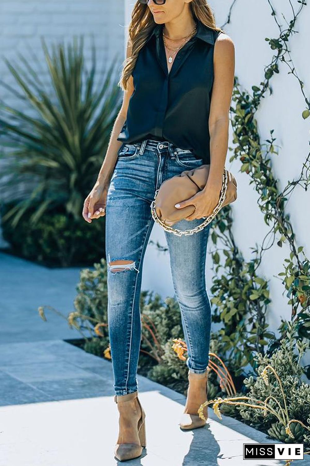 Satin Sleeveless Button Down Blouse