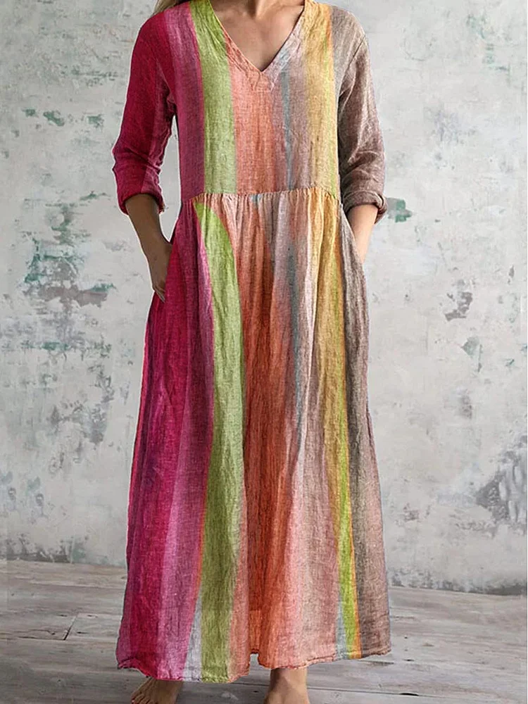 Women's Round Neck Colorful Gradient Print Pattern Dress With Pockets