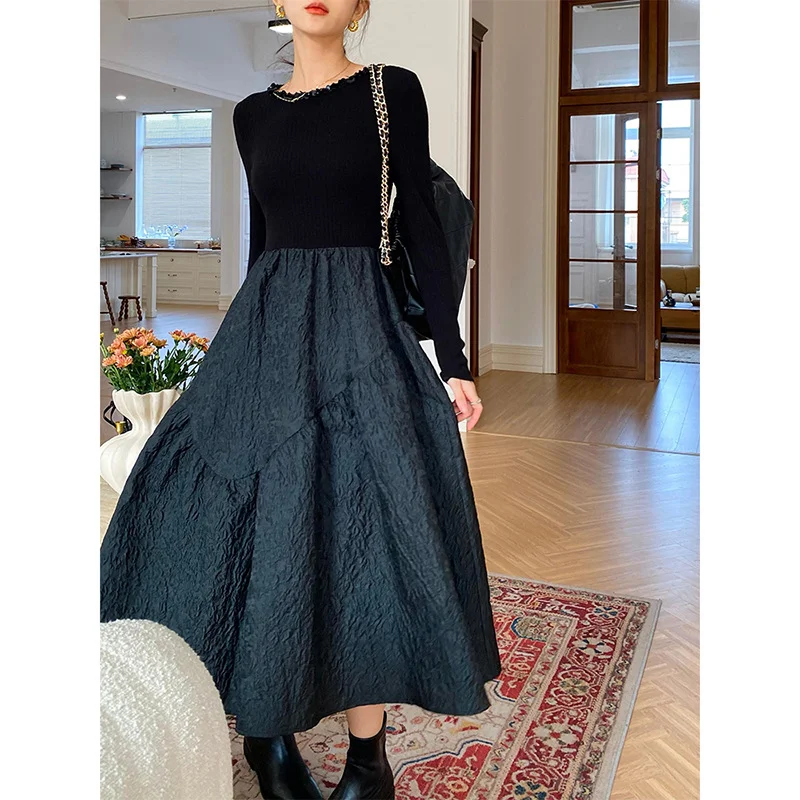 Uveng Uveng Name Heben Style Small Black Dress With A Small Black Dress With A Bottom Dress Autumn And Winter Showing Thin Long Sleeve Knitted Dress Autumn