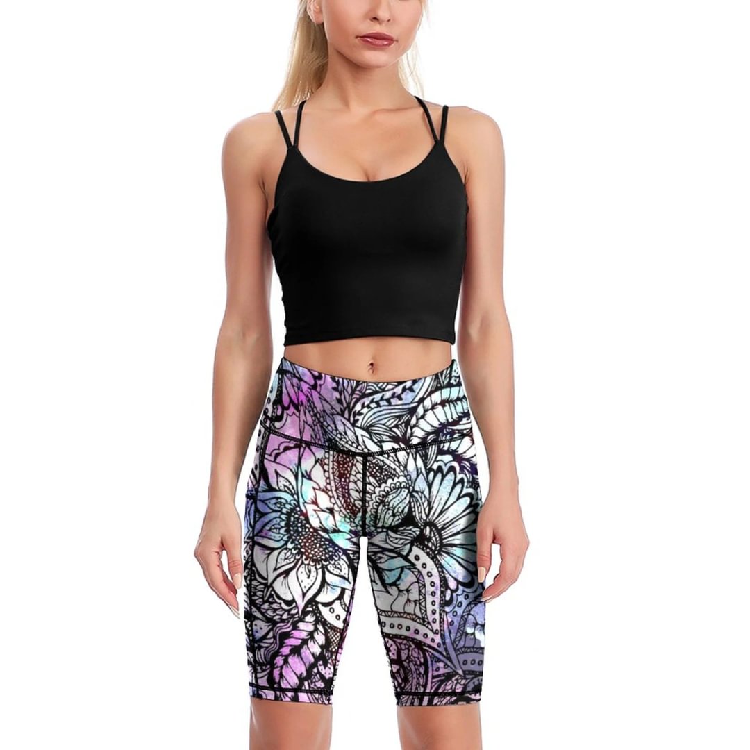 Purple Blue Watercolor Floral Knee-Length Yoga Shorts Womens High Waist Running Biker Shorts with Side Pockets