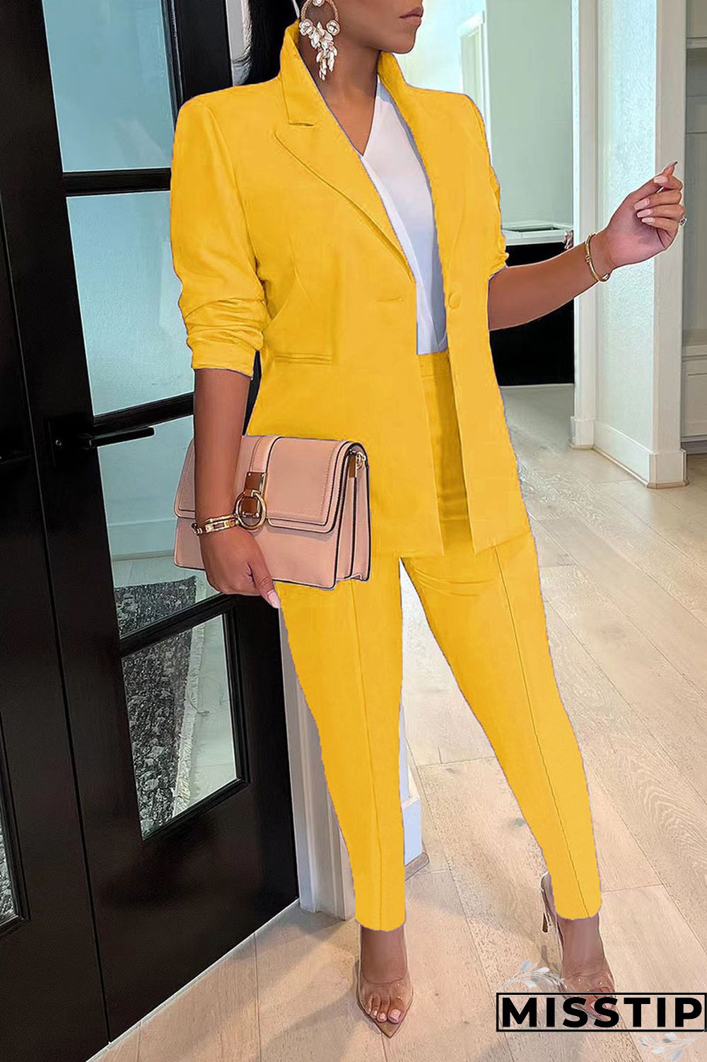 Black Casual Solid Patchwork Turn-back Collar Long Sleeve Two Pieces