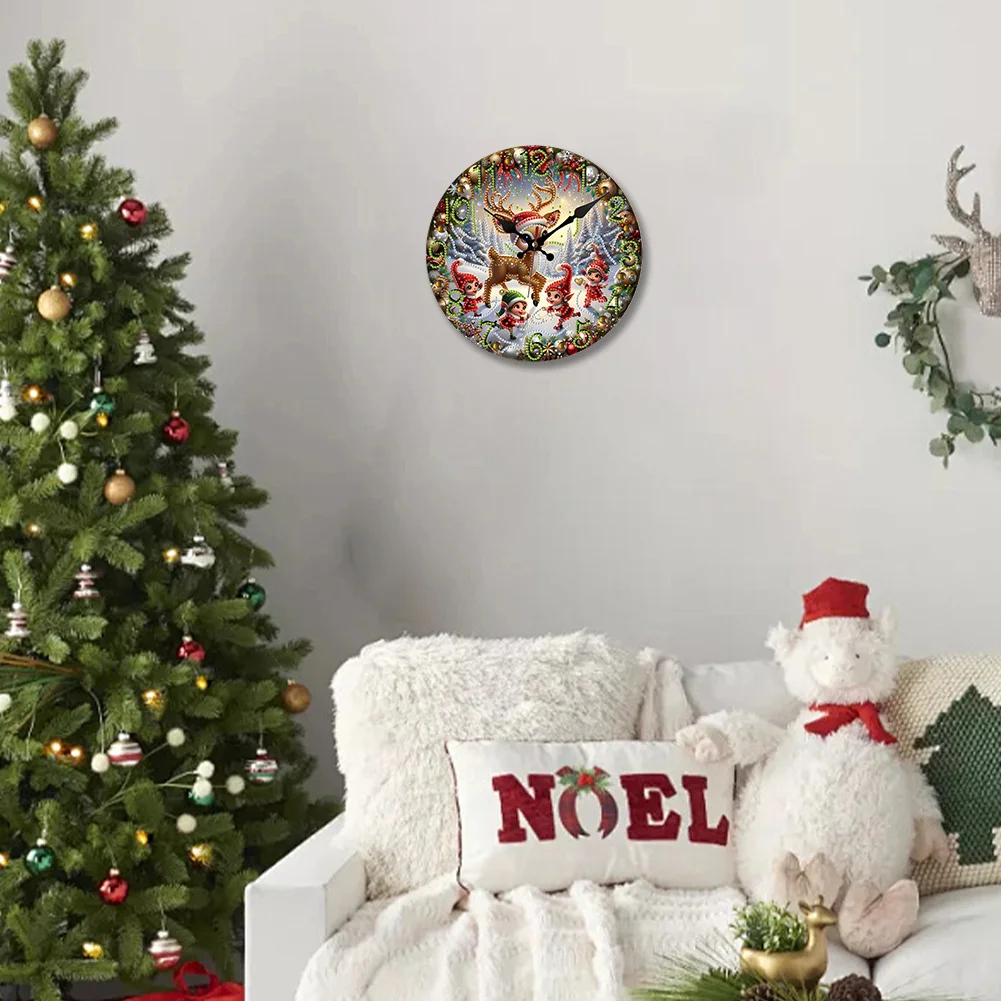5D DIY Christmas Deer Diamond Painting Clock Kits Diamond Art Wall Clock Decor