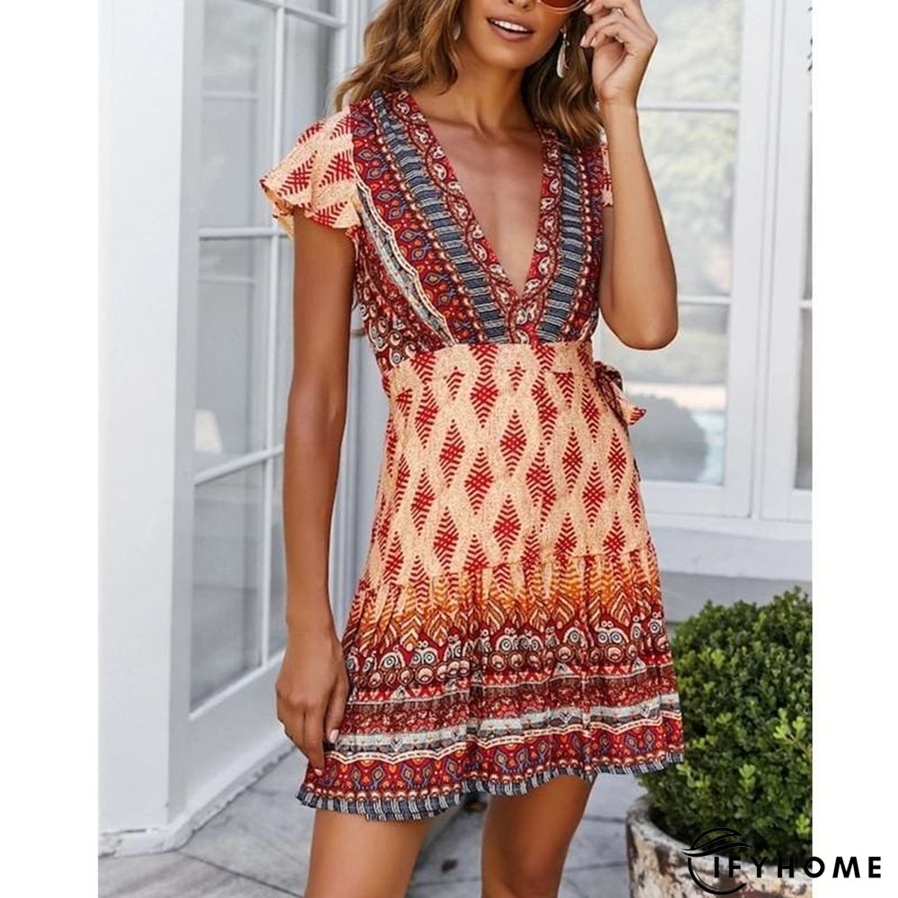 Vintage Women Short Sleeve Wrap Boho Floral Mini Dress Ladies Summer Sundress Holiday V neck Short Sleeve Print Dress | IFYHOME