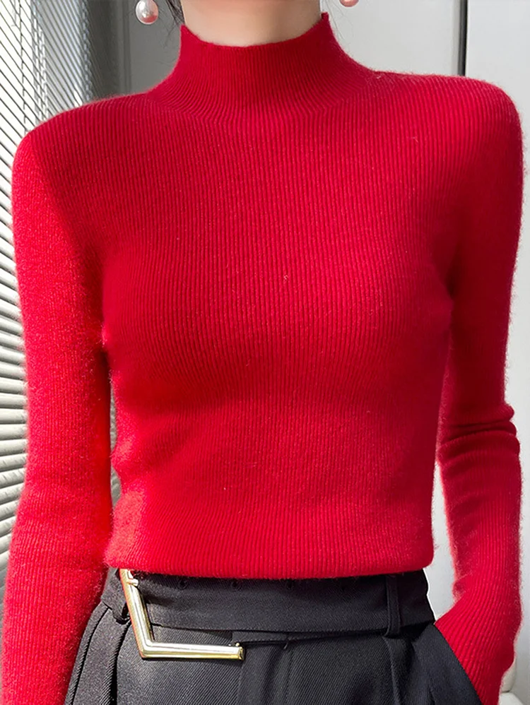 Casual Mock Neck Solid Long Sleeve Slim Knitted Sweater
