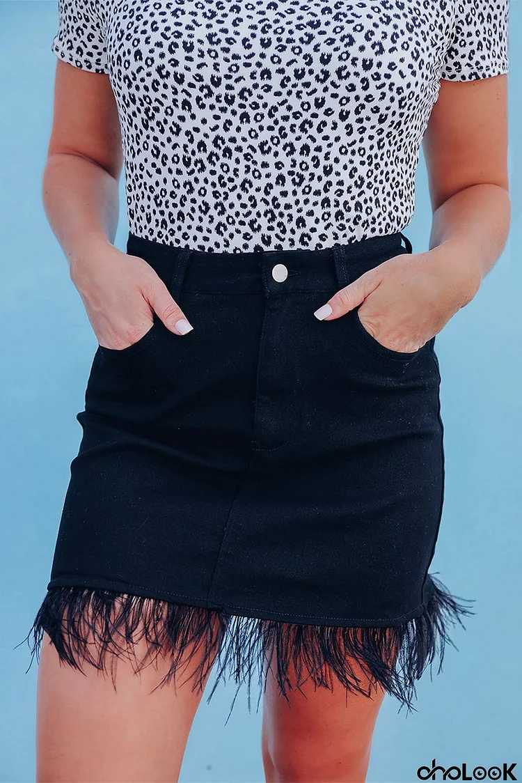 Feather Fringed Denim Skirt