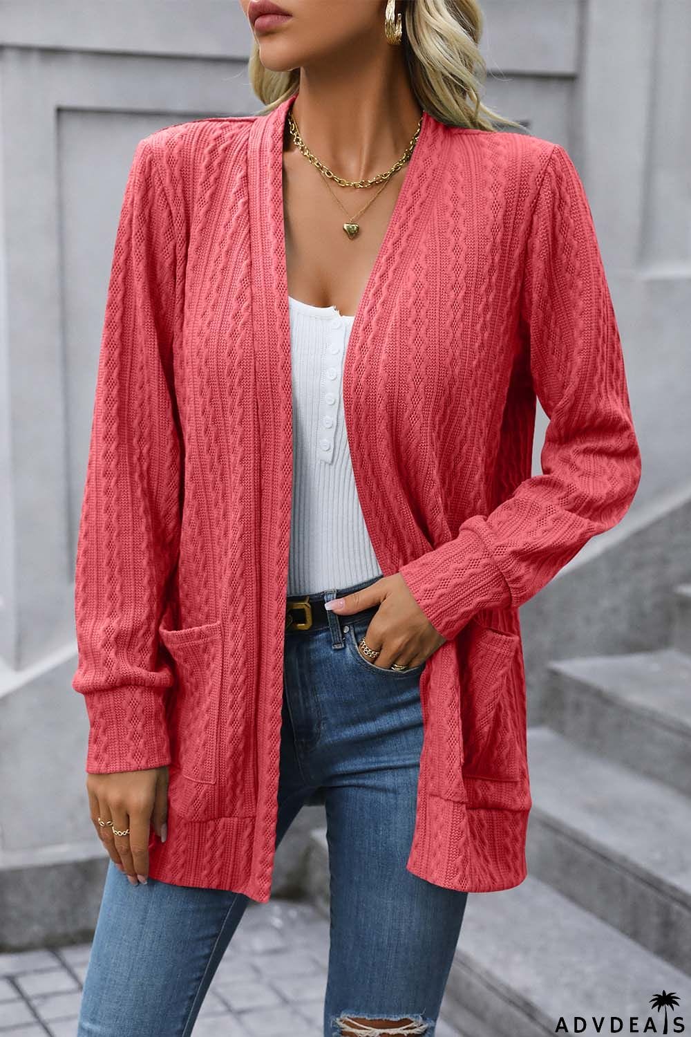 Cable-Knit Long Sleeve Cardigan with Pocket