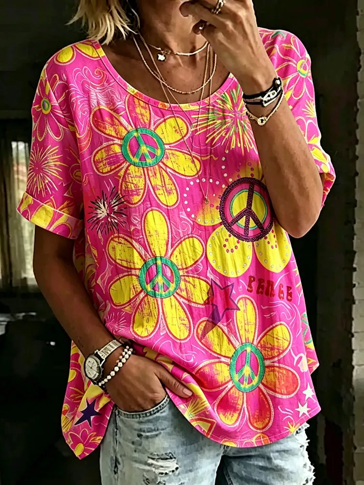 Women's Retro Bohemian Floral And Hippie Print Top