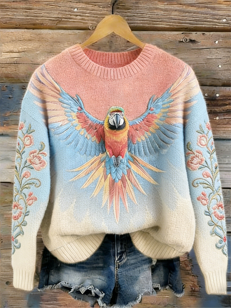 Pink Macaw Parrot Floral Gradient Cozy Knit Sweater wearshes