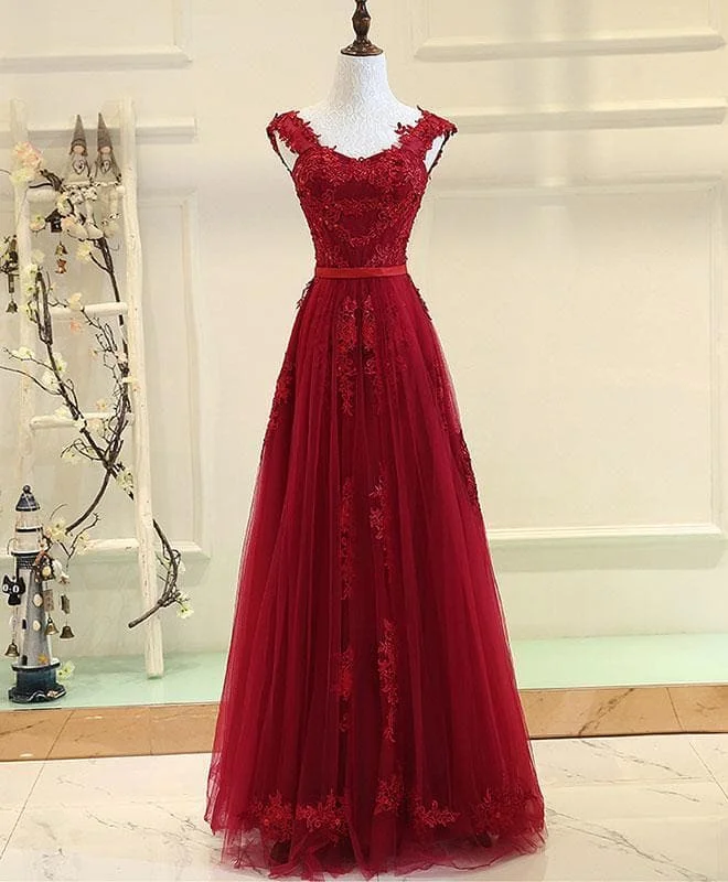 Burgundy Sweetheart Neck Long Prom Dress, Burgundy Evening Dress