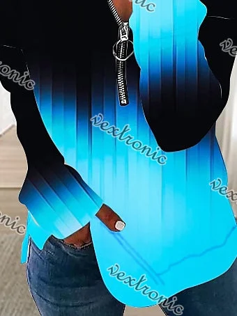 Women Long Sleeve V-neck Colorblock Printed Tops