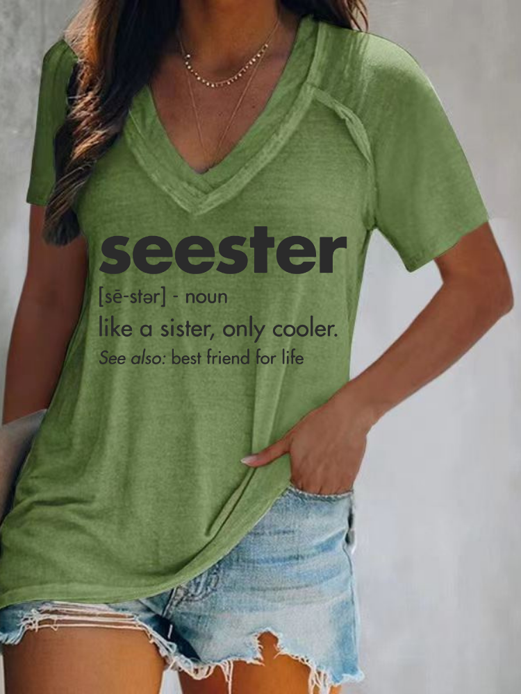 Seester Funny Words Shirt Loose Cutting Relax Fit V Neck Long Sleeve Pullover Top
