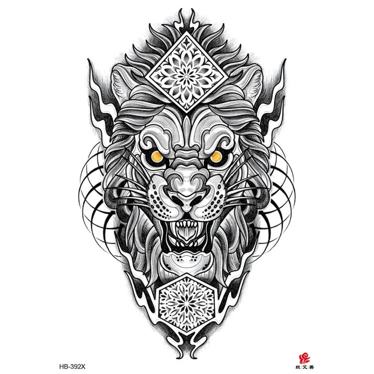 Waterproof Temporary Tattoo Sticker Lion King Clock Tiger Pattern Fake Tatto Black Body Art for Women Men Tattoo Sticker