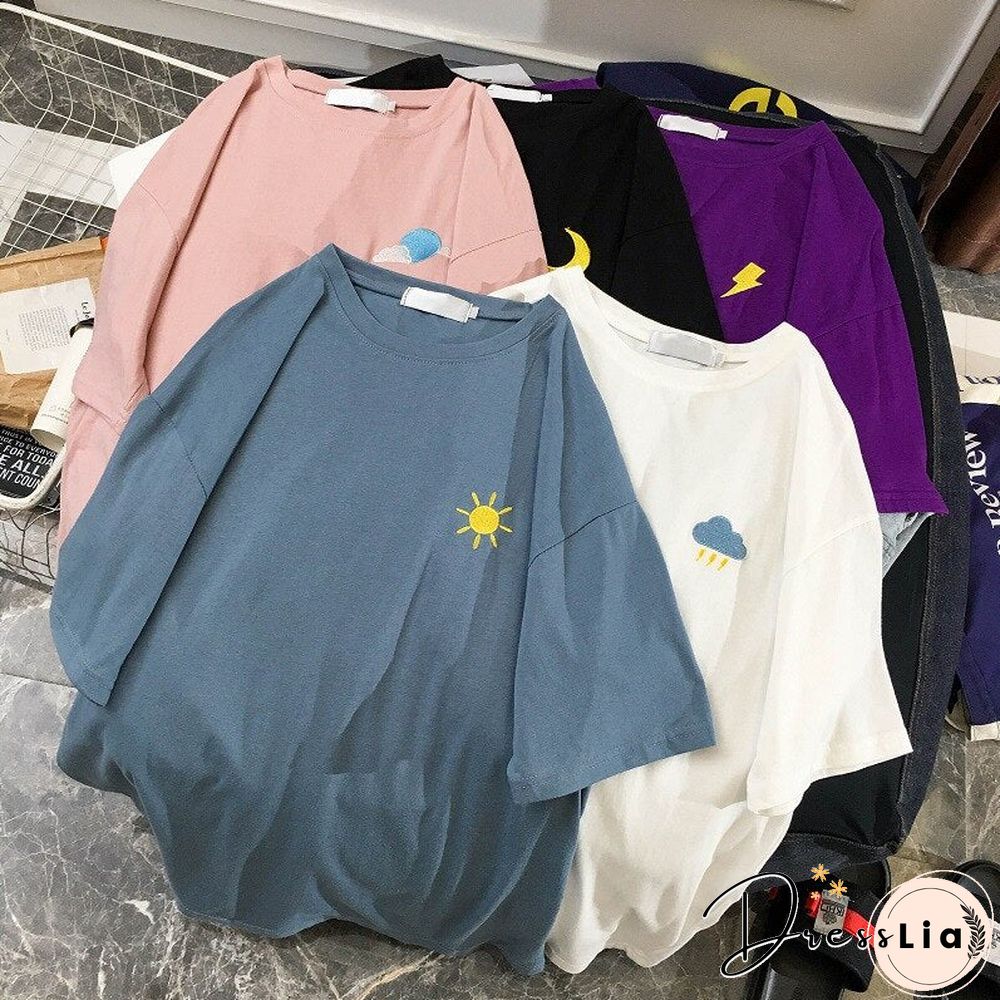 Fashion Women Embroidered T Shirts Crew Neck Short Sleeve Couple Tops Summer Casual Loose Sweatshirt Basic Tee Top Clothing