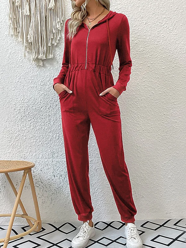 Skinny Elasticity Split-Joint Zipper Hooded Jumpsuits