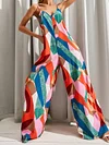 Spaghetti-Neck Contrast Color Backless Loose Jumpsuit