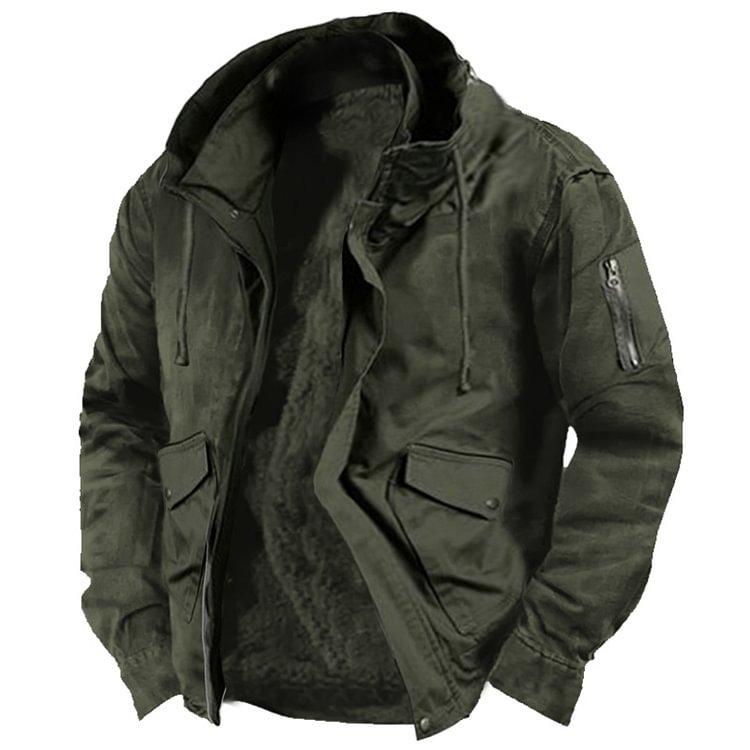 Men's Retro Outdoor Training Fleece Lined Thermal Tactical Hooded Jacket