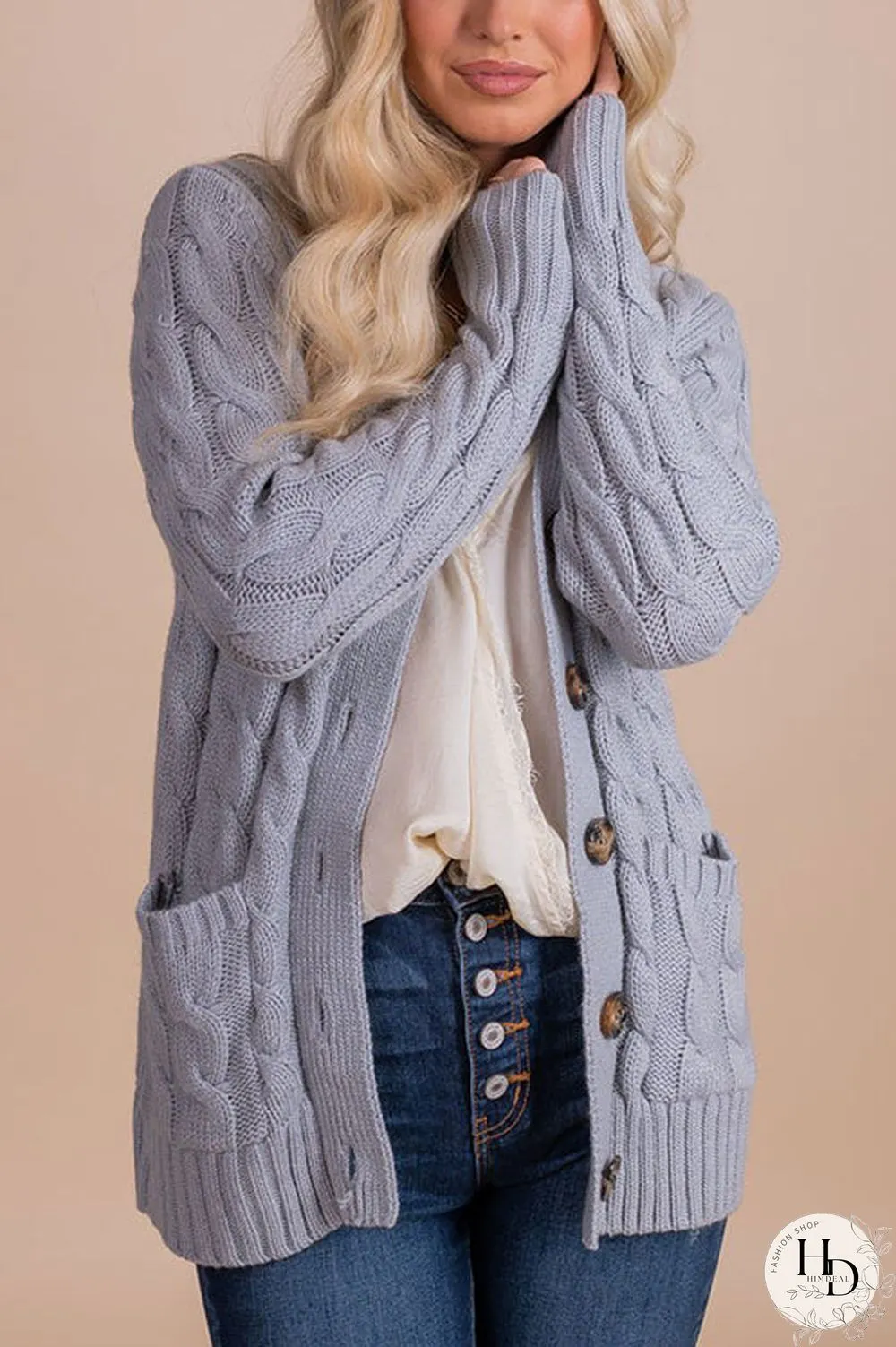 Button Cable Knit Cardigan