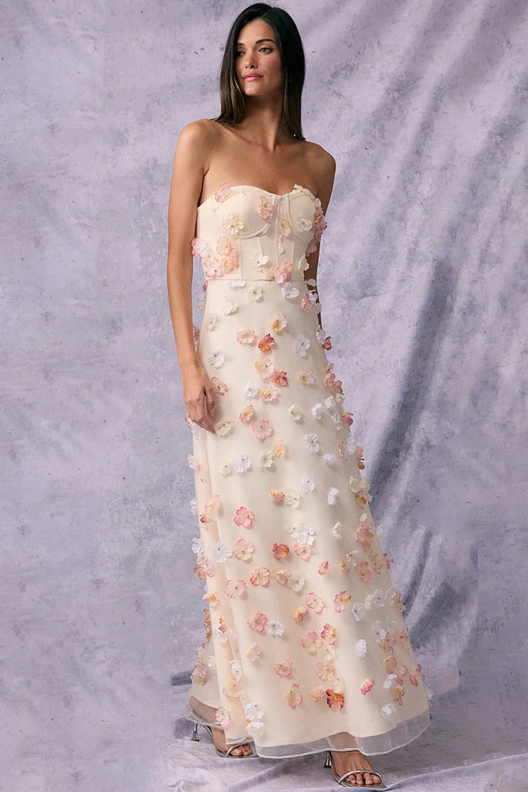 Strapless 3D Floral Embellished Beaded Maxi Dress-Apricot