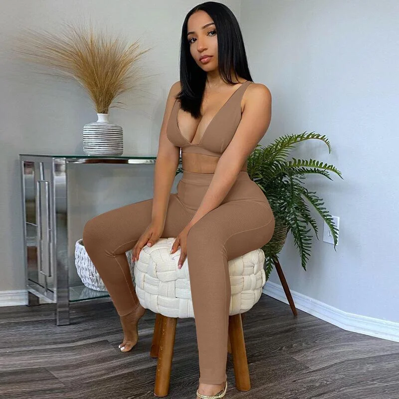 Hugcitar Sleeveless V-Neck Crop Tops Leggings 2 Pieces Set 2021 Winter Women Fashion Streetwear Outfits Sportswear Tracksuit