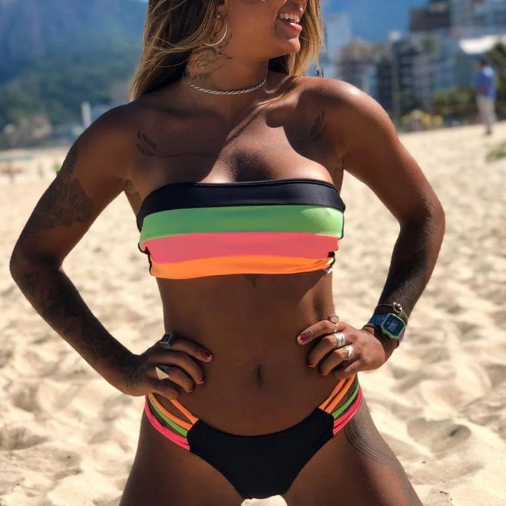 Women's swimsuit 2022 new summer swimwear popular sexy split bikini women swimsuit backless rainbow bright striped bikini set