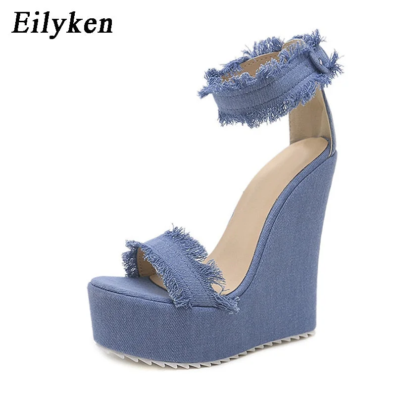 Eilyken 2022 New Designer Denim Sandals Summer Roman Sandals High Quality Wedges High Heels Peep-Toe Platform Shoes Woman