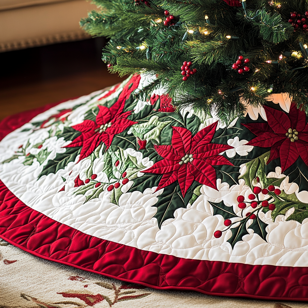 Poinsettia Elegance Christmas Quilted Tree Skirt NCU0VH338