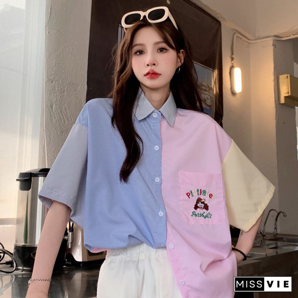 Vintage Colorblock Embroidery Pocket T-Shirt